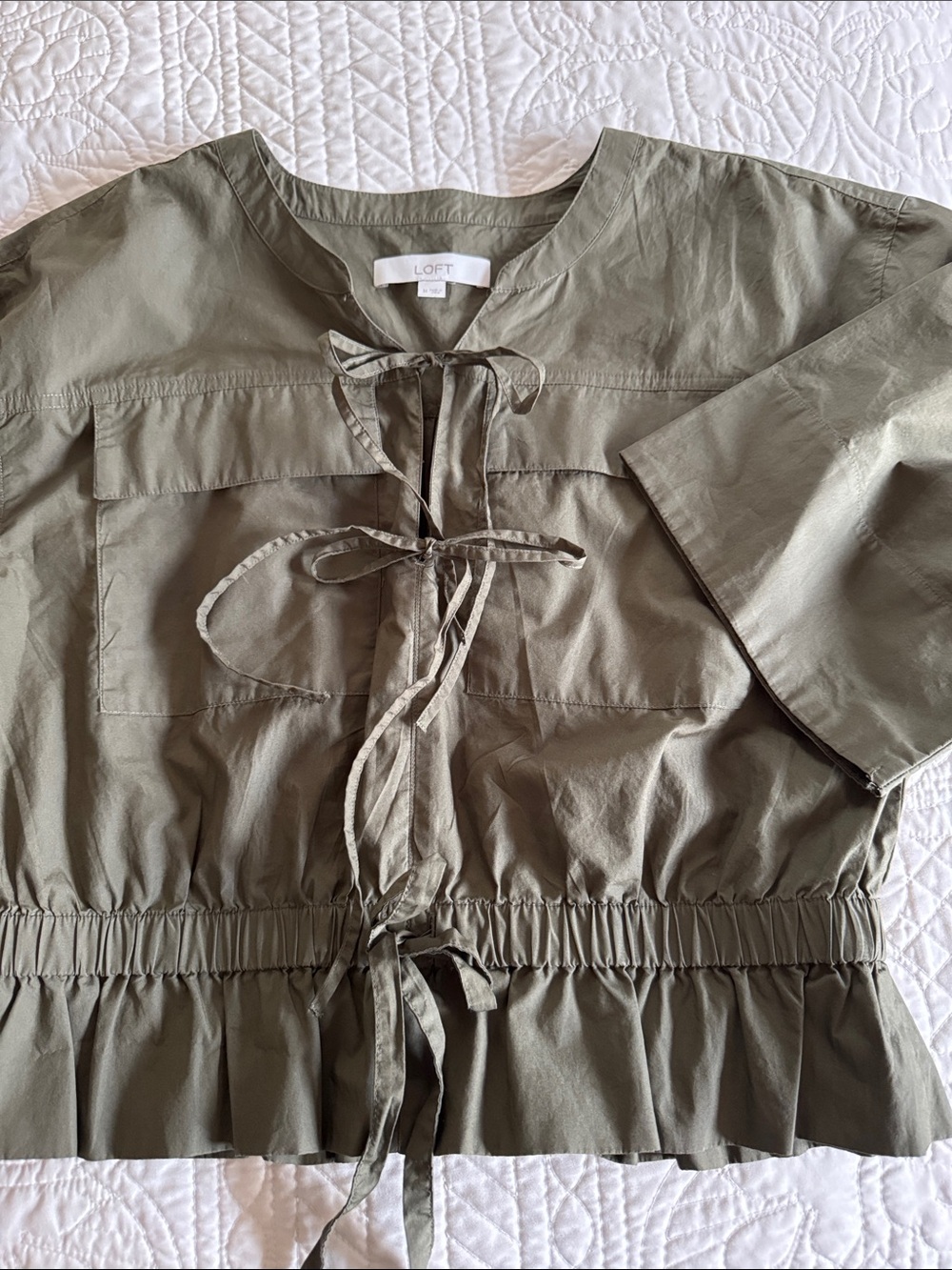 LOFT Olive Tie-Front Peplum Blouse